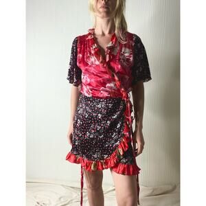 THE ATTICO Camila Silk Floral Pink Contrast Flounce Sleeve Wrap Mini Dress US 2